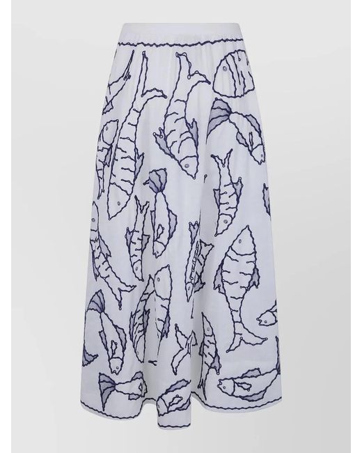 Farm Rio White Fresh Fish Embroidered Flared Midi Skirt