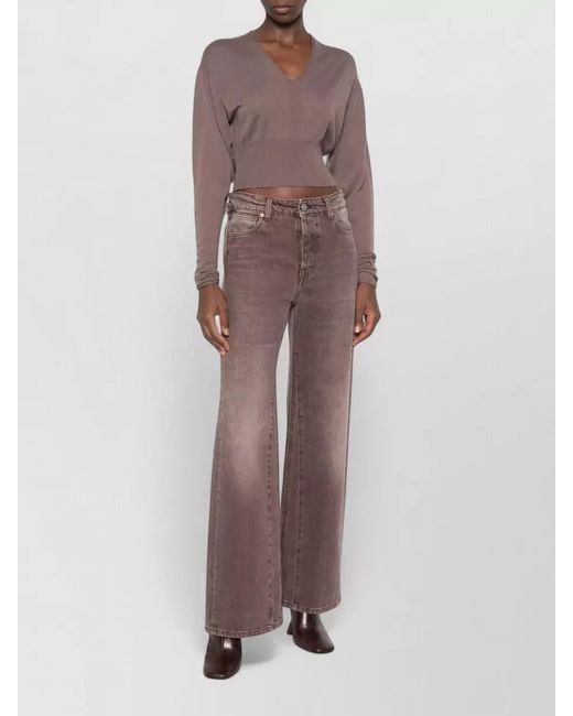 Rick Owens Brown V Neck Cropped Wool Long Sleeve Top
