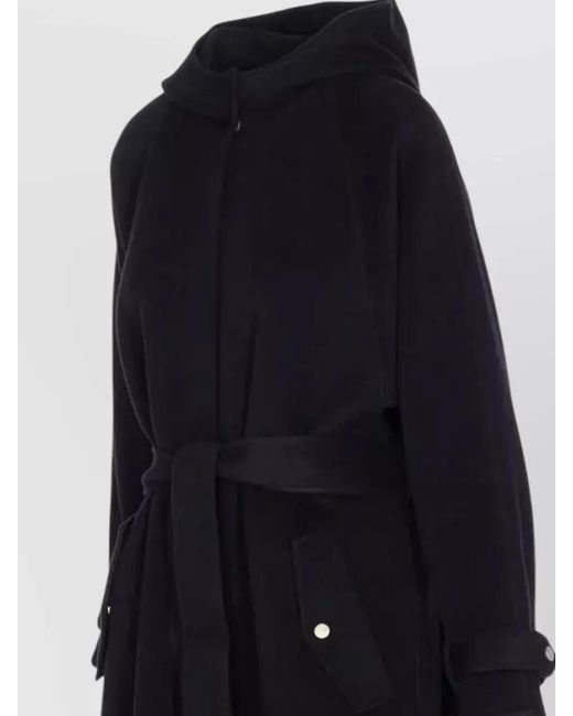 Pinko Blue Long Hooded Coat Belted Waist Pockets