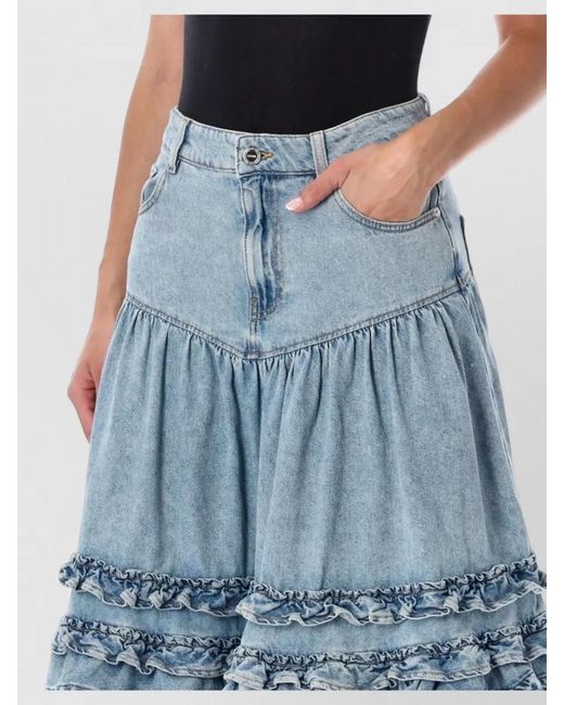 Ganni Blue Denim Midi Skirt High Waist Frill