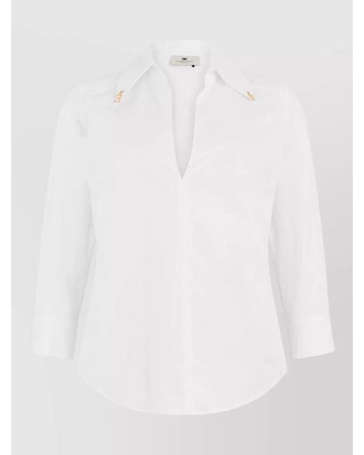 Elisabetta Franchi White Long Sleeve V Neck Cotton Blouse