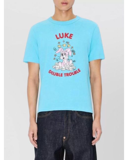 KENZO Blue Cartoon Graphic Crew Neck Cotton T Shirt for men