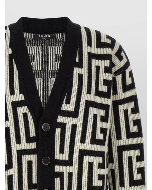 Balmain Black Monogram V Neck Mid Length Cardigan for men