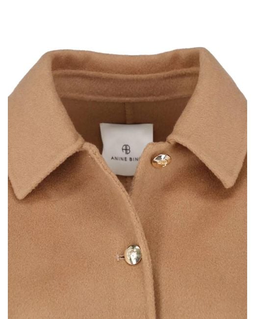 Anine Bing Natural Mid Length Relaxed Coat Button Collar Pockets