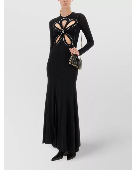 Rabanne Black Cutout Embellished Floral-Detail Long-Sleeve Maxi Dress