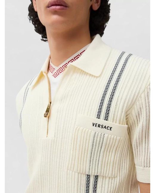 Versace Natural Cotton Jacquard Knit Polo Shirt Logo for men