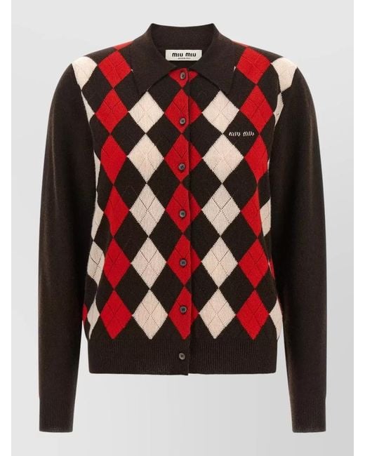 Miu Miu Red Cashmere Cardigan Polo Collar Argyle Knit