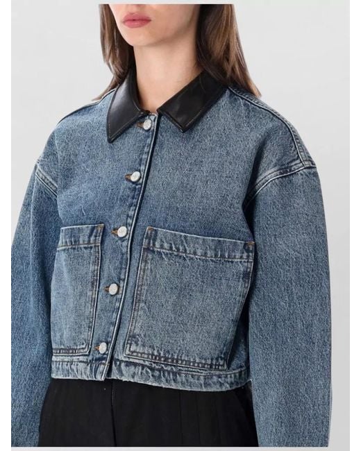 Anine Bing Blue Cropped Denim Jacket With Faux Leather Collar