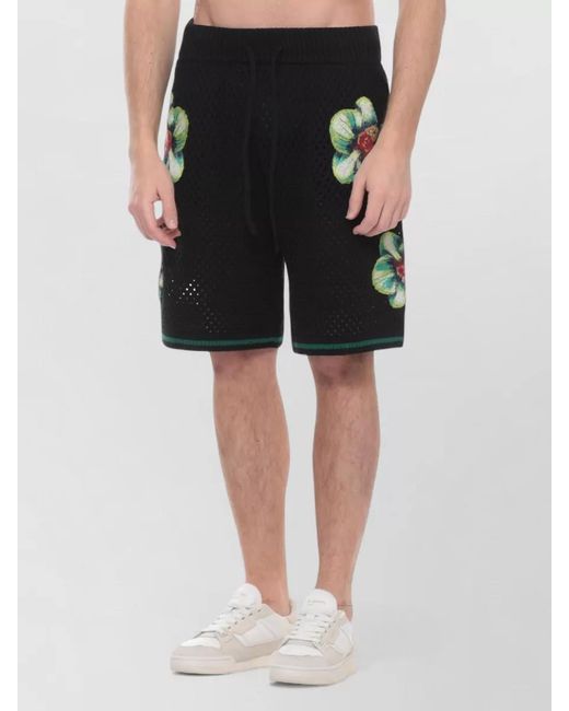Casablanca Black Cotton Bermuda Shorts Perforated Orchid Embroidery for men