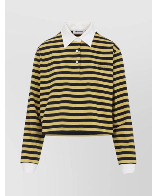Miu Miu Green Contrast Collar Striped Cotton Polo