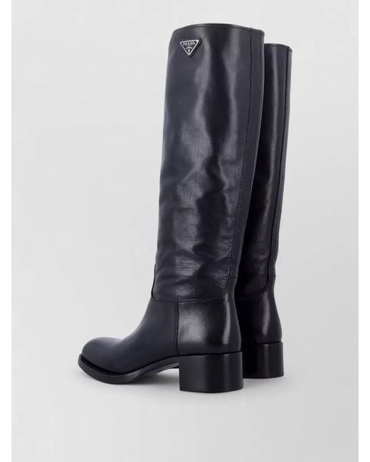 Prada Blue Tall Leather Logo Boots Low Heel