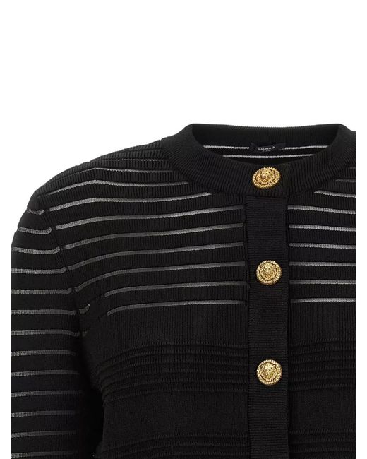 Balmain Black Semi-Sheer Striped Cropped Round-Neck Long-Sleeve Cardigan