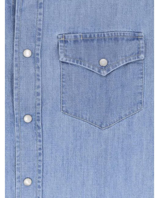 Brunello Cucinelli Blue Denim Shirt Cotton Long Sleeves Pointed Collar for men