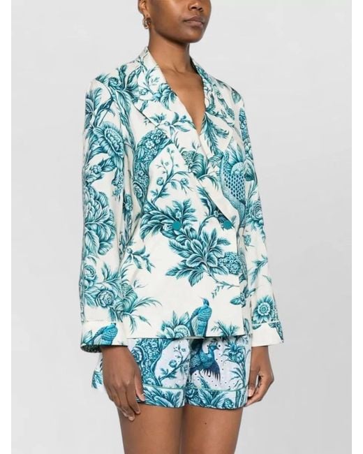 F.R.S For Restless Sleepers Blue Silk Shirt Floral Pattern Notched Lapels