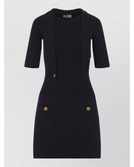 Elisabetta Franchi Black Knit Dress Scarf Detail Buttons
