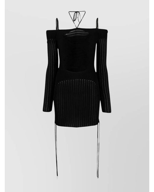 ANDREADAMO Black Ribbed Knit Cutout Halterneck Long-Sleeve Mini Dress