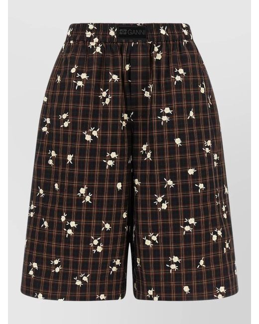 Ganni Black Flower Check Loose Fit Bermuda Shorts