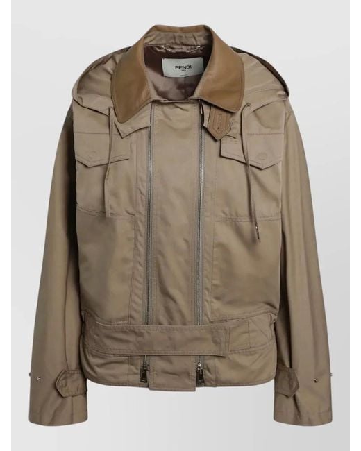 Fendi Brown Hooded Jacket Long Sleeves Buttoned Collar