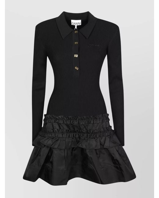 Ganni Black Ribbed Knit Long-Sleeve Mini Dress