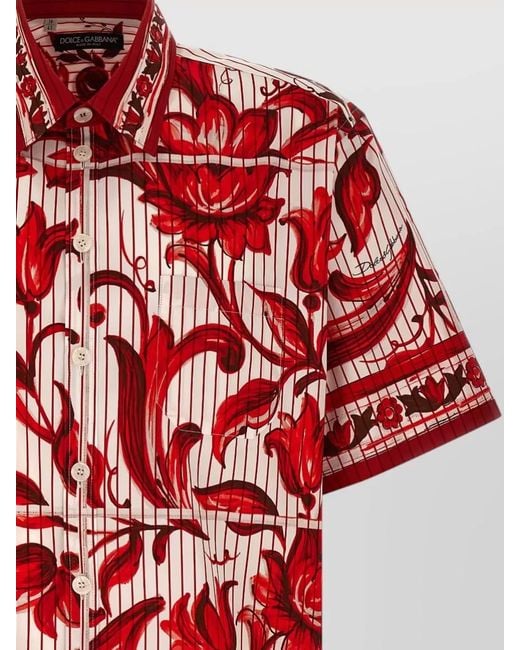 Dolce & Gabbana Red Maiolica Shirt Button Down Collar Floral Stripes for men