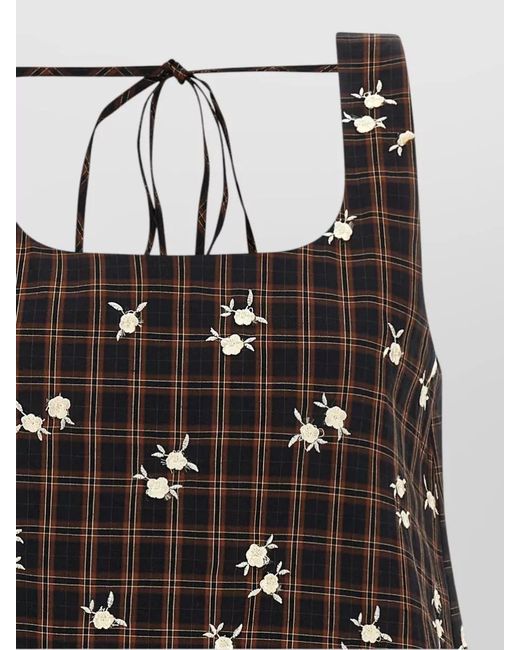 Ganni Black Checked Floral-Embroidered Sleeveless Mini Dress