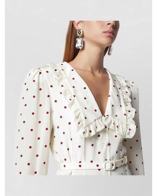 Alessandra Rich White Belted Waist Dress Polka Dots Ruffled Neckline