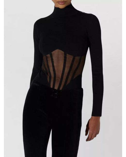 Elisabetta Franchi Blue Ribbed Slim-Fit High-Neck Bodysuit