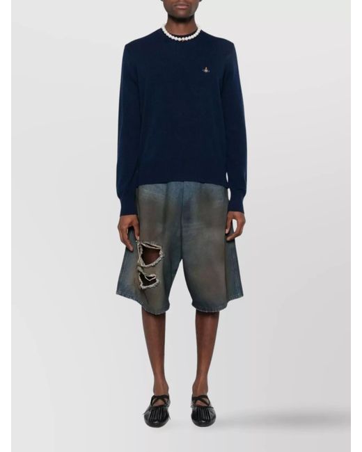 Vivienne Westwood Blue Cashmere Merino Wool Ribbed Crewneck Jumper for men