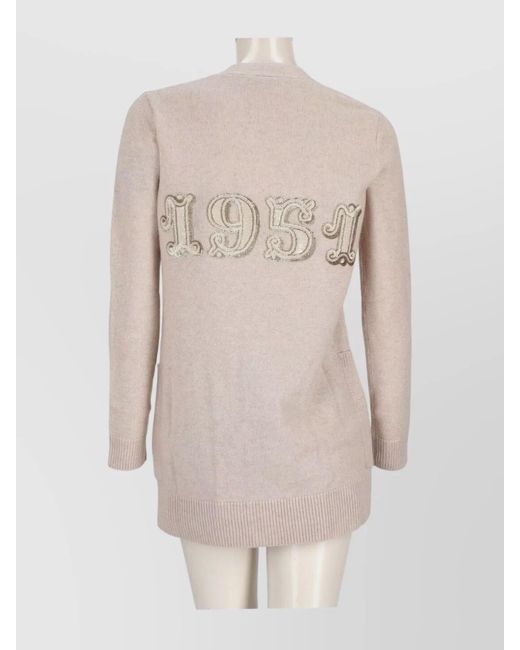 Max Mara Natural Cashmere Wool Sequin Embroidered V-Neck Long-Sleeve Cardigan
