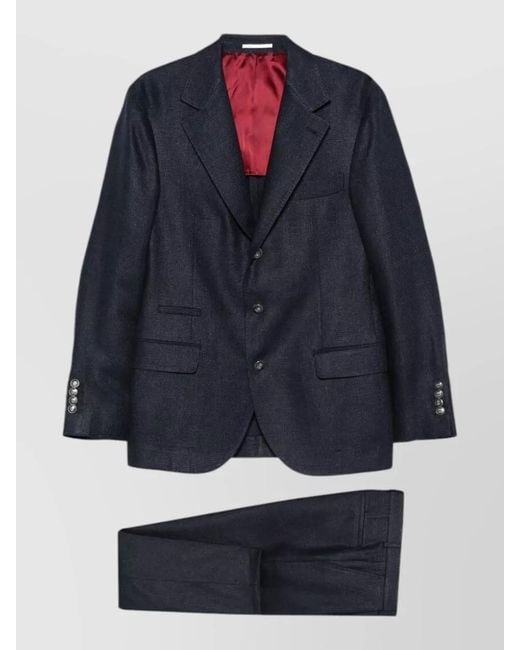 Brunello Cucinelli Blue Silk Linen Wool Single-Breasted Suit for men