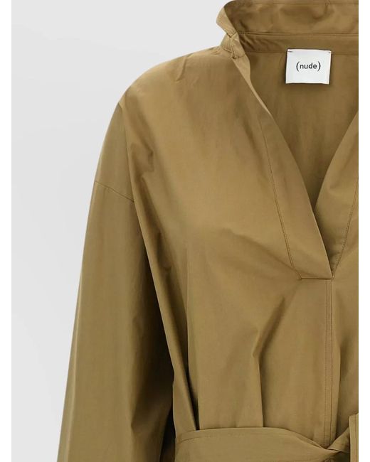 Nude Green Shirt Dress Belted Waist Button Cuffs