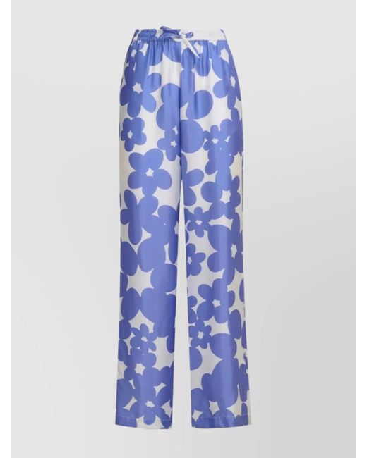 Marni Blue Wide Leg Floral Pattern Trousers With Elastic Waistband