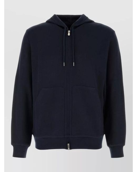 Brunello Cucinelli Blue Cashmere Blend Hooded Sweatshirt Featuring Pockets for men