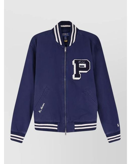 Polo Ralph Lauren Blue Cotton Ribbed Bomber Jacket for men