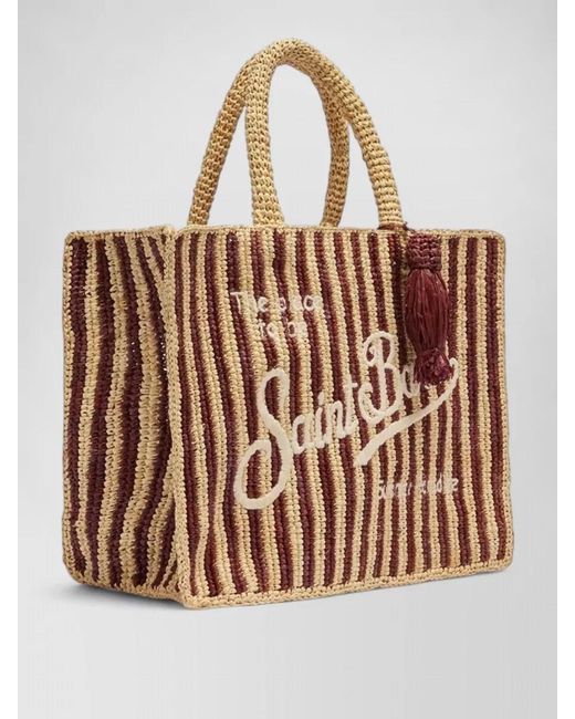 Mc2 Saint Barth Brown Colette Striped Raffia Handbag Logo Embroidery