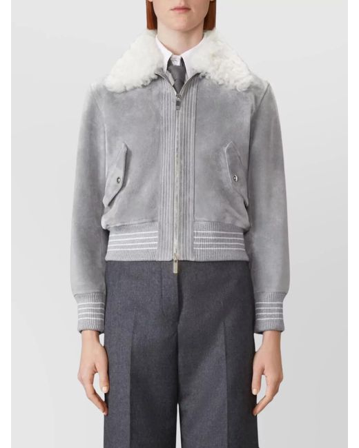 Thom Browne Gray Shearling Collar Suede Cropped Flight Jacket