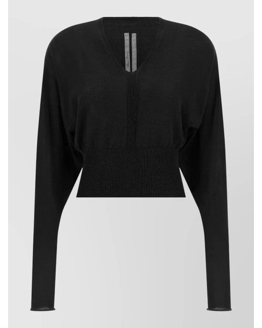 Rick Owens Black Cropped Knit Top Long Sleeves V Neckline