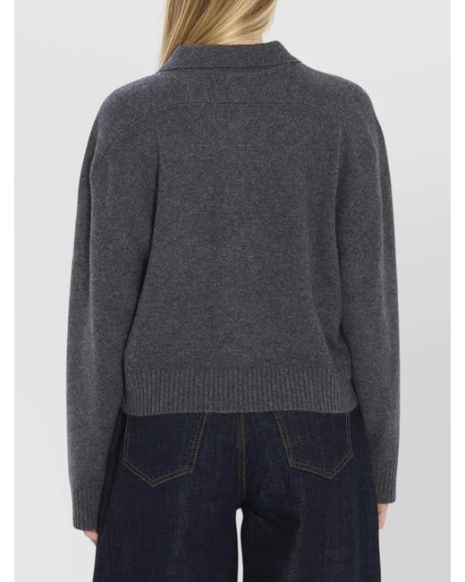 Loulou de Saison Gray Cashmere Ribbed Cropped Relaxed-Fit Long-Sleeve Polo Shirt