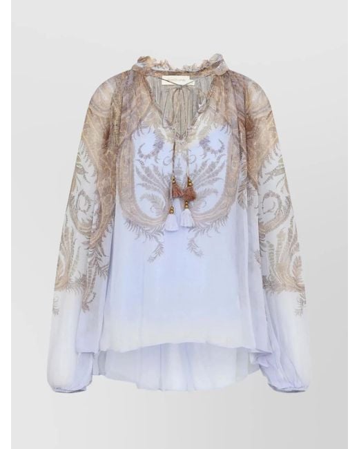 Zimmermann White Long Sleeve Paisley Top Ruffled Neckline