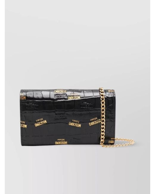 Moschino Black Croc Print Chain Shoulder Bag