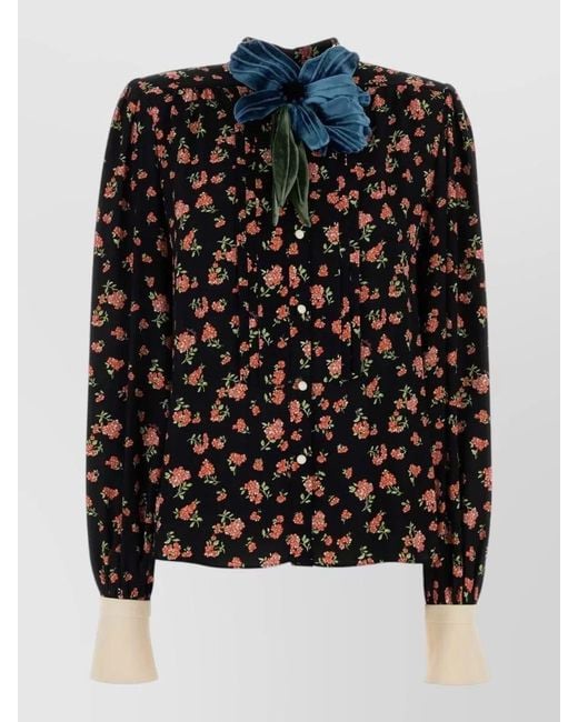 Valentino Garavani Black Crepe Shirt Floral Pattern Long Sleeves for men