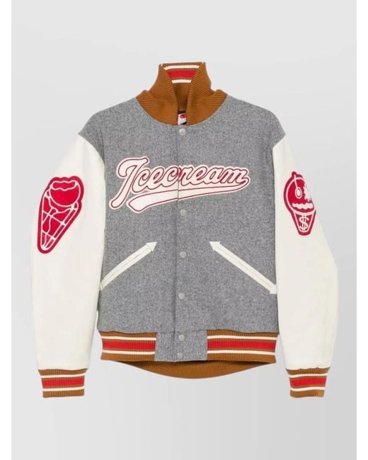 ICECREAM Gray Wool Blend Bomber Jacket Logo Back for men