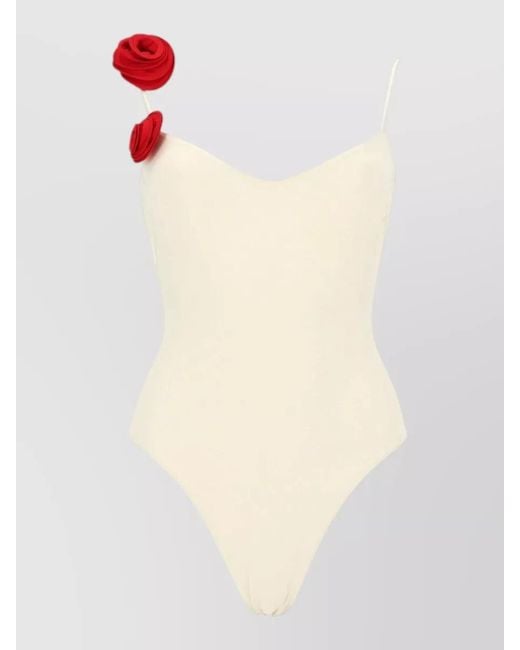LaRevêche White Asymmetrical One Piece Ashar Floral Straps