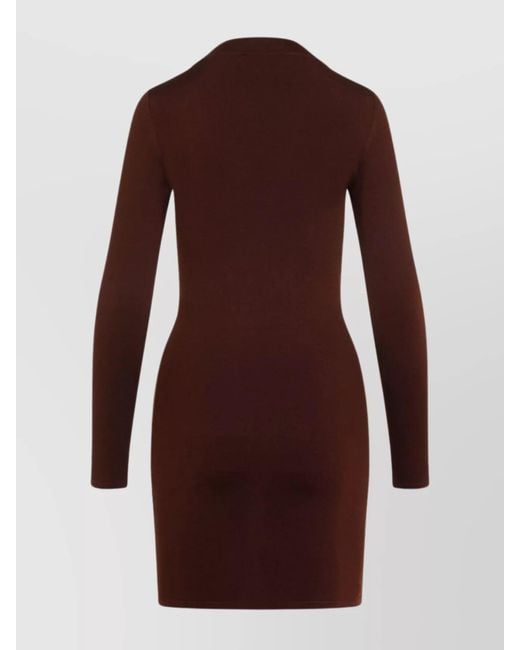 Saint Laurent Brown Ribbed Texture Mini Dress With Long Sleeves