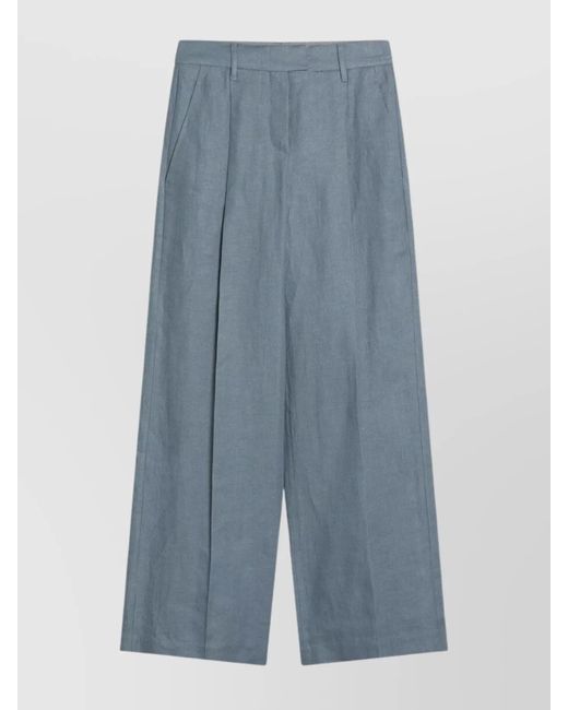 Brunello Cucinelli Blue Wide Linen Blend Trousers With Front Pleats