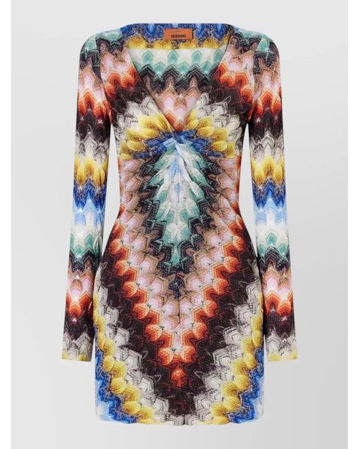 Missoni Multicolor Long Sleeve Fitted Mini Dress V Neckline