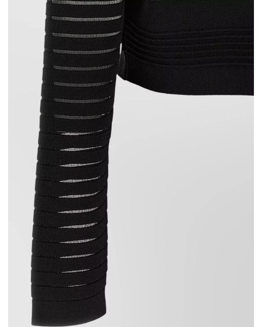Balmain Black Semi-Sheer Striped Cropped Round-Neck Long-Sleeve Cardigan