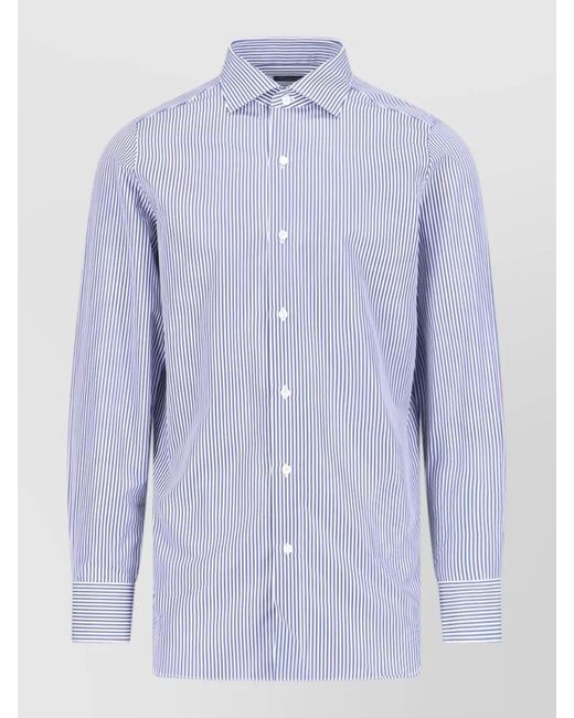 Finamore 1925 Blue Button Down Collar Striped Long Sleeve Shirt for men