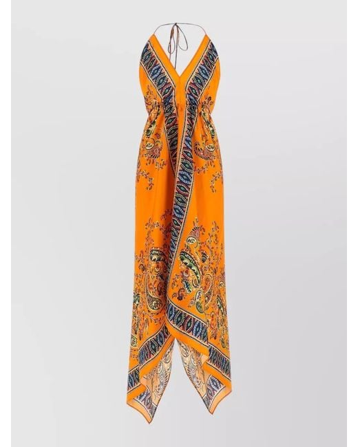 Etro Orange Silk Floral Paisley Maxi Dress