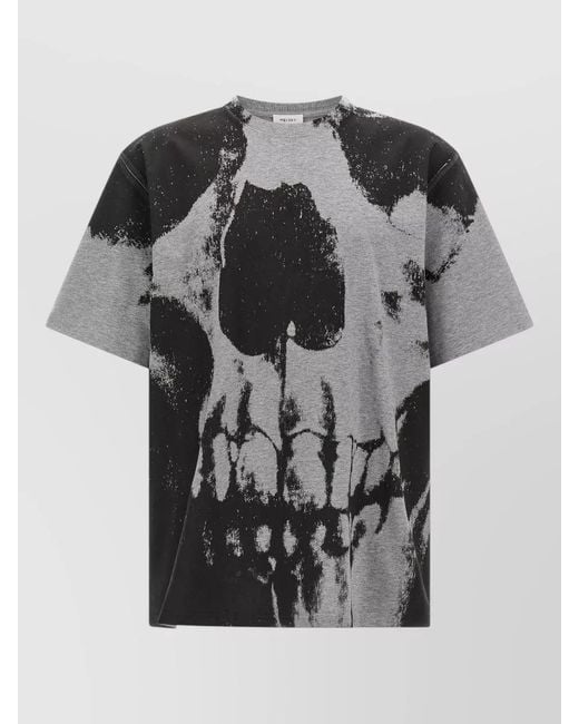 McQueen Black Skull Motif Crew Neck Graphic T Shirt for men
